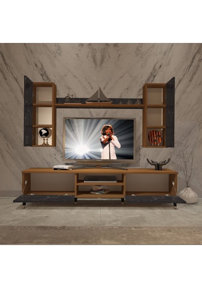 Decoraktiv Eko 7 Mdf Dvd Gold Tv Ünitesi Tv Sehpası Ceviz - Siyah Mermer