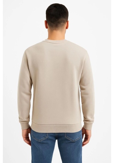 Erkek 3 İplik Pamuklu Düz Bisiklet Yaka Sweatshirt - Bej