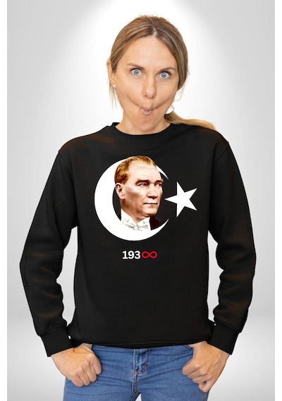 Atatürk Türk Bayrağı Sonsuzluk Unisex Siyah Sweatshirt Siyah
