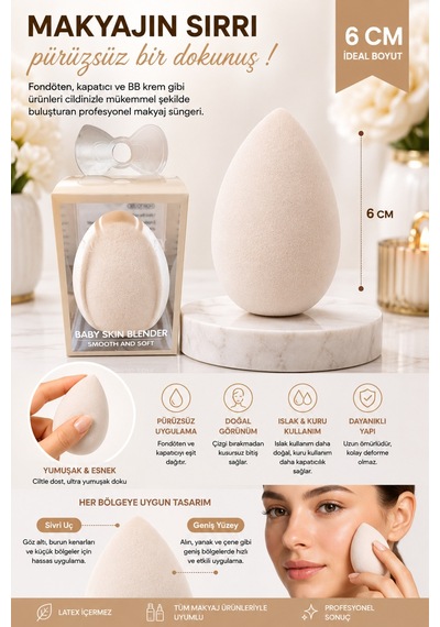 Makyaj Süngeri Krem Beauty Blender Fondöten Ve Kapatıcı Uygulama Süngeri, 6 Cm