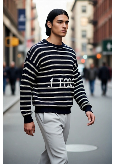 Ersefa Unisex Basic Bisiklet Yaka Çizgili Triko Kazak Modern Ve Rahat Kı Lacivert