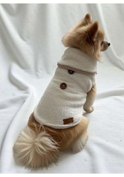 Kışlık Peluş Köpek Yelek, Sıcak Tutan Düğmeli Yumuşak Polar Küçük Irk Köpek Kıyafeti, Bej Siya