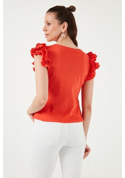 Lela Pamuklu Kolları Fırfırlı Slim Fit Bisiklet Yaka Bayan T Shirt 5864500 Nar Çiçeği