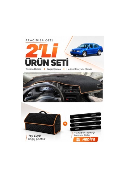 Volkswagen Jetta 1997-2003 Uyumlu Torpido Örtüsü + Tay Tüyü Çanta + Sticker - Siyah Kahverengi