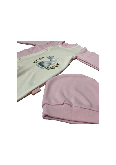 Babysena Tavşan Baskılı Kız Bebek Tulum Takımı Pembe