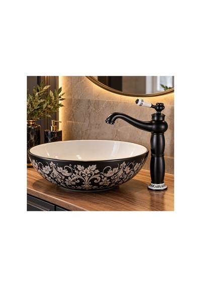 Rena Design Rustik Siyah Çanak Lavabo Bataryası Banyo Yüksek Musluk Porselen Işleme Armatür Otantik Retro