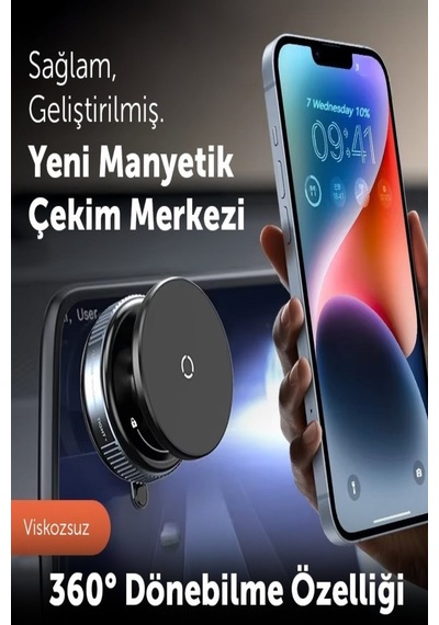 360 Derece Dönebilen Vakumlu Magsafe Destekli Magnetik Telefon Tutucu Araba Ayna Cam Masa Üzeri Siyah
