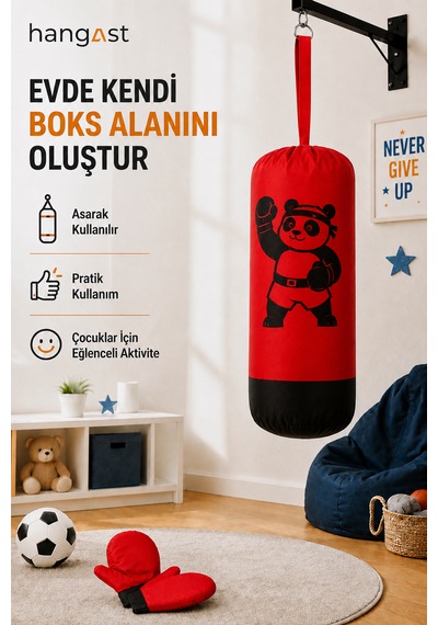 Çocuk Boks Seti Panda Desenli Asılabilir Boks Torbası Eldivenli Kırmızı