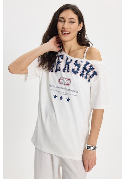 Tudors Kadın Oversize Geniş Kesim %100 Pamuk Kayık Yaka Kısa Kollu Baskılı Beyaz Tişört-50337