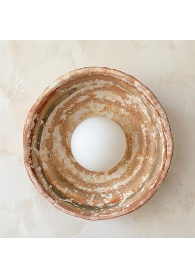 El Yapımı Seramik Kil Aplik - Minimalist Wabi Sabi Duvar Apliği - G9 Led Aydınlatma - Japandi Terakota - Çap 25 Cm
