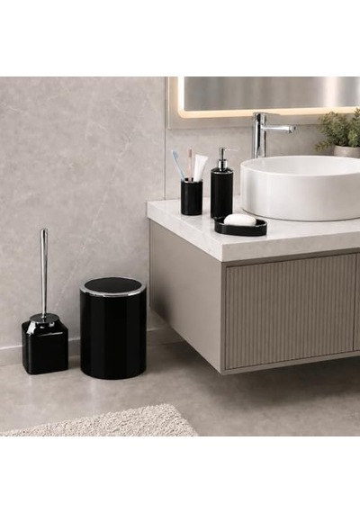 5li Banyo Seti, Beş Parça Düzenleyici, 5 Litre Çöp Kovası, Tuvalet Fırçası, Sıvı Ve Katı Sabunluk, Diş Fırça Ve Macunu Kutusu Siyah Diğer