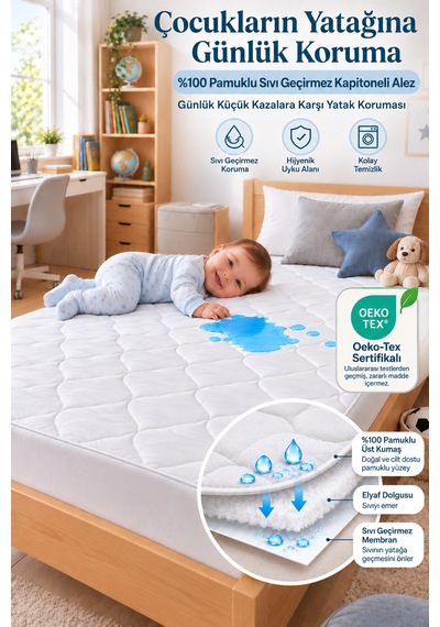 Sıvı Su Geçirmez Kapitoneli Alez Bebek Çocuk Yatak Koruyucu %100 Pamuklu Park Beşik Kreş Anaokulu 70x130