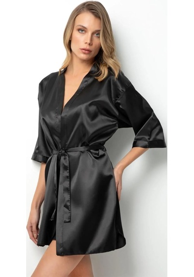 Kuşaklı Siyah Saten Sabahlık Ve Gecelik 2li Takım,siyah Xl/2xl Açık Bej - Beyaz