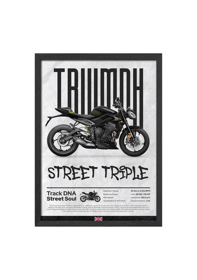 Triump Street Triple Siyah Ahşap Çerçeveli Poster, Dekoratif Motosiklet Duvar Tablosu