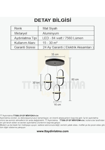 Tt006-3Y-Sy Tt Aydınlatma Minyon Modeli 3 Lü Mat Siyah Yuvarlak L