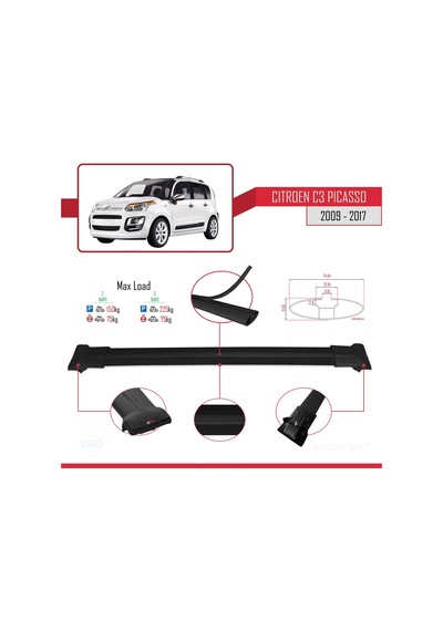 Citroen C3 Picasso 2009-2017 Arası İle Uyumlu Fly Model Ara Atkı Tavan Barı Siyah