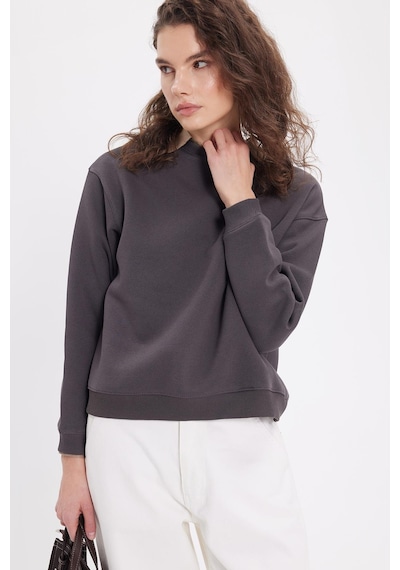 Tudors Kadın Oversize Geniş Kesim Pamuklu Bisiklet Yaka Füme Sweatshirt-39927 Füme