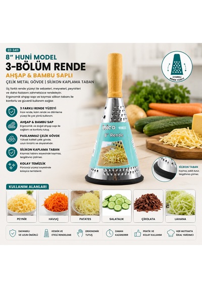 8" Ahşap & Bambu Saplı Çelik Rende Silikon Taban, 3 Bölümlü
