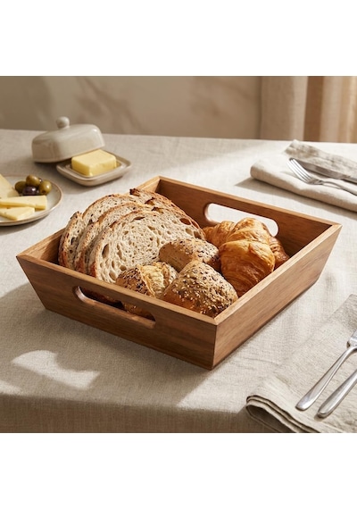 Lexroo Akasya Ekmek Sepeti 20 X 20 Cm, Kulplu Ahşap Ekmeklik, Kare Kahvaltı Ve Sunum Sepeti, Poğaça Çok Renkli
