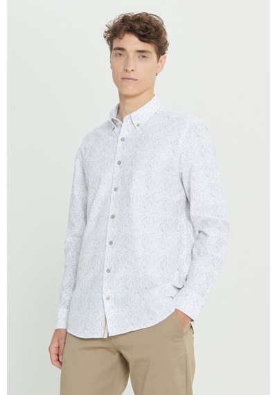 Ac&co Erkek Beyaz Hakı Slim Fit Dar Kesim Klasik Yaka Pamuklu Armürlü Gömlek