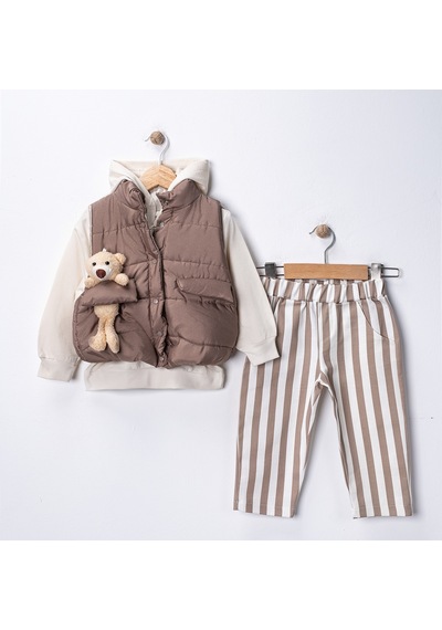 Harika Kids Erkek Bebek 3 Lü Takım 9-24 Ay Şişme Yelek %100 Pamuk Sweatshirt Gabardin Pantolon Kahverengi