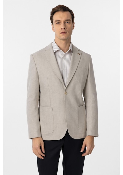 Süvari Bej Slim Fit Armürlü Mono Yaka 6 Drop Ceket