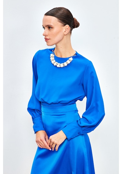 Sateen Kolye Detaylı Crop Bluz - Sax Mavi