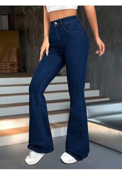 Defymoda Kadın Yüksek Bel Paçaya Doğru Geniş Kot Pantolon Lacivert