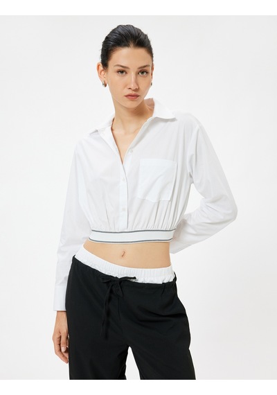 Koton Crop Poplin Gömlek Beli Lastikli Uzun Kollu Cep Detaylı Beyaz 5wak60032pw Beyaz