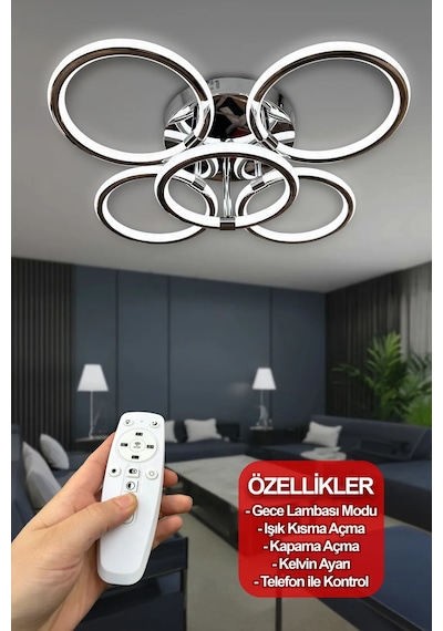Exxen 4+1 Kumandalı Çift Yönlü İthal Modern Yüksek Işık Gücü Modern Uzun Ömürlü Sarkıt Led Avize - Krom Krom