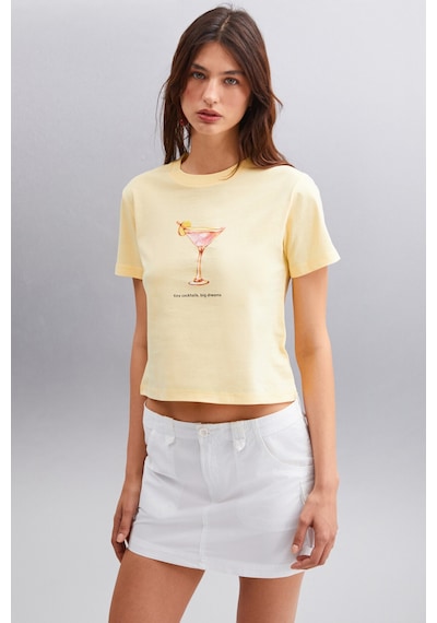 Grımelange Ivonne Kadın Cocktail Baskı Desenli Kısa Kollu Organik Pamuklu Bisiklet Yaka Crop Sarı T-shirt Grımelange Ivonne Kadın Cocktail Baskı Desenli Kısa Kollu Organik Pamuklu Bisiklet Yaka Crop Sarı T-shirt