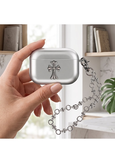 Caseonn Apple Uyumlu Airpods Pro 3 Kılıf Chrome Hearts Metalik Görünümlü Uzun Zincirli Haç Figürlü Gümüş Metalik Gri