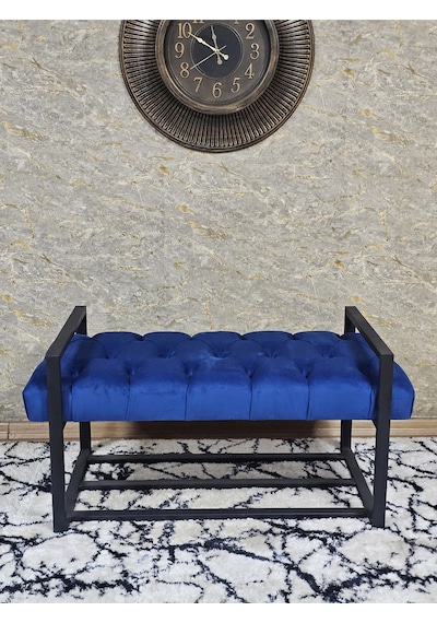 Zafir Siyah Boyalı Metal 80 Cm Puf Bench - Antre Puf - Hol Bench - Puf - Oturak - Bench Mavi