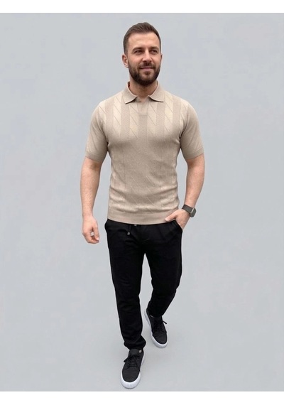 Erkek Yazlık Triko Dokuma Tişört Kısa Kol Polo Yaka T-shirt - Bej