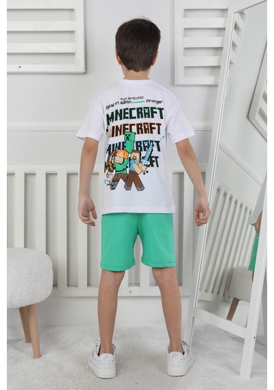 Minecraft Baskı Erkek Çocuk Şortlu Takım-90353 Yeşil