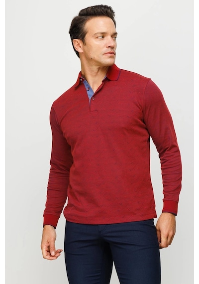 Desen Triko Erkek Polo Yaka Desenli Uzun Kollu Sweatshirt Bordo Bordo
