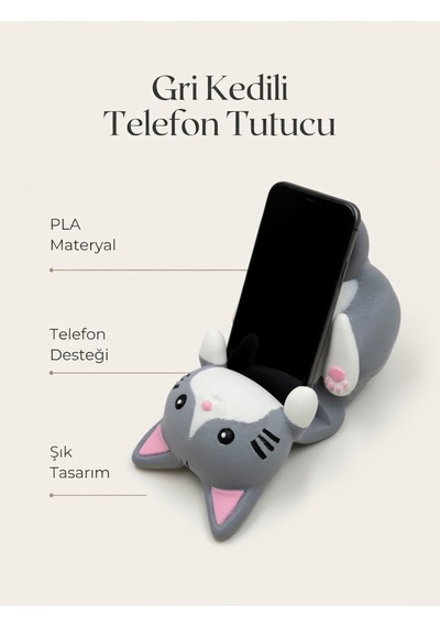 Gri Kedi Figürlü Telefon Tutucu Stand - 3d Baskı Ofis Masaüstü Aksesuarı Ve Biblo