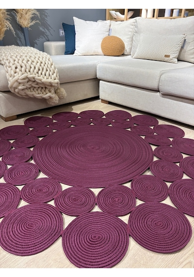 Mavaux Papatya Hasır Jüt Çiçek Desenli Kilim Halı Mürdüm