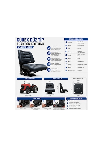 Gürex Düz Tip Traktör Koltuk Standart Sürücü Koltuğu