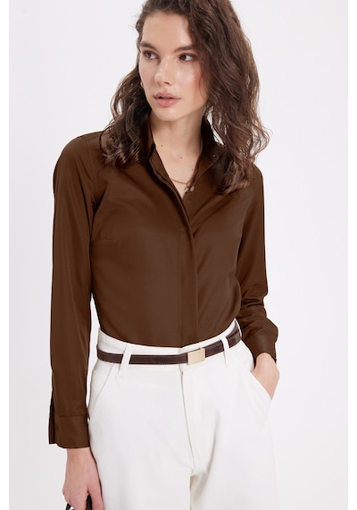 Tudors Kadın Slim Fit Dar Kesim Vucüda Oturan Uzun Kollu Gizli Düğme Detaylı Kahverengi Basic Gömlek-42049
