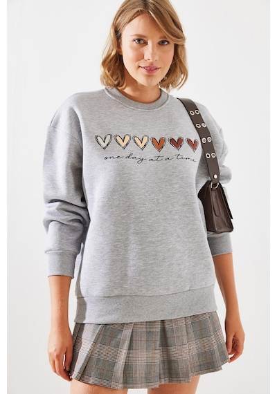 Shade Kadın Üç İplik Şardonlu Renkli Kalp Baskılı Sweatshirt Mbhs007 60601007 - Gri Melanj