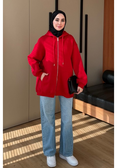 Balenbi Kadın 3 İplik İçi Polarlı Kapüşonlu Tesettür Basic Sweat Hırka 395 Kırmızı