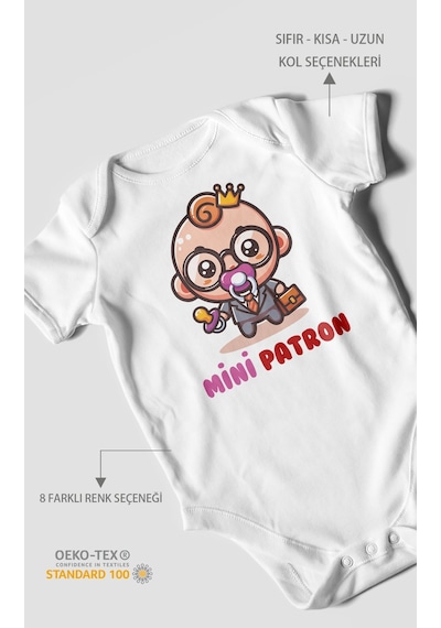 Mini Patron V2 Baskılı Bebek Zıbını Çıtçıtlı Body %100 Pamuk Kısa Kol Beyaz