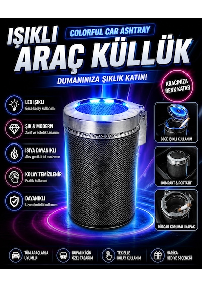7 Renkli Rgb Led Işıklı Lüx Oto Küllük Kapaklı Spor Araç İçi Küllük Araba Küllüğü 1