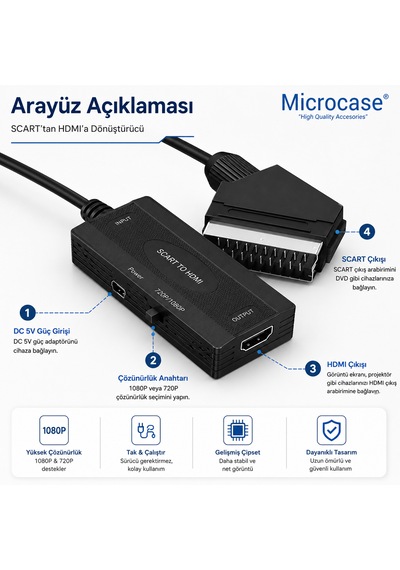 Microcase Scart Giriş Hdmı Çıkış Tak Çalıştır Dönüştürücü Full Hd Görüntü Adaptörü Al5764 Siyah