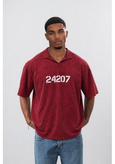 Respire Erkek 24207 Baskılı Yıkamalı Oversize T-shirt Bordo