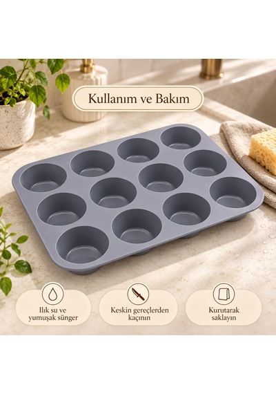 Tr 12'li Silikon Muffin Kalıbı Gri Cupcake Mini Kek Browni Kurabiye Tatlı Pişirme Tepsisi Esnek Tek Parça Yuvarlak Genel