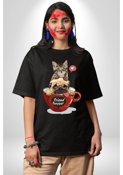 Kedi Ve Köpek Sonsuzadek Arkadaşız Pamuklu Bisiklet Yaka Unisex Oversize Boyfriend Dijital Baskılı Siyah T-shirt Siyah