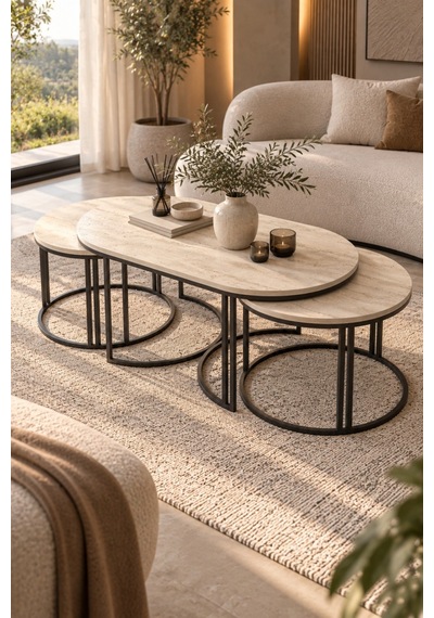 Sulorahome Bej 3'lü Oval Sehpa Seti