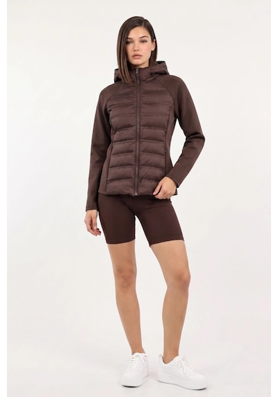 CEMO Kapüşonlu Softshell Kollu Şişme Kadın Mont Kahverengi